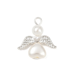 Белый Подвески из бусин с имитацией жемчуга абс, ангел в форме сердца, с крылом из сплава и железными петлями, серебряные, белые, 22x20x6 мм, отверстие : 2.5 мм