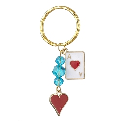 Golden Glass Pendant Decorations, with Iron Split Key Rings and Alloy Enamel Charms, Heart, Golden, 66mm