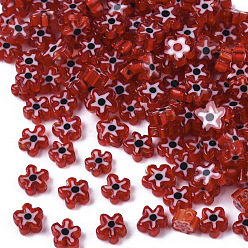 Red Glass Beads, Flower, Red, 5~7x5~7x2~3mm, Hole: 1mm
