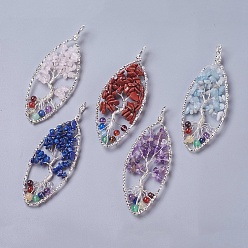 Смешанные камни Результаты ювелирных изделий чакры, природные смешанные подвески драгоценных камней, с латунной фурнитурой , лошадь глаз с деревом, серебряный цвет гальваническим, 77.5~80x28~30x5~8 мм, отверстие : 4.5~6.5 мм