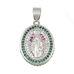 Verde Micro latón allanan colgantes cúbicos del zirconia, óvalo con dijes de virgen maría, sin plomo y cadmio, chapado en rack, larga duración plateado, Platino, verde, 21.5x16x4 mm, agujero: 4x6 mm