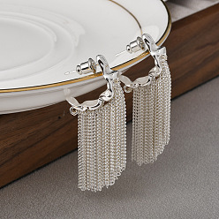 Серебро Серьги-гвоздики c-образной формы с латунной цепочкой и кисточками, текстурированные женские серьги-полукольца, серебряные, 46x8 мм