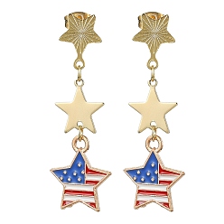 Real 24K Gold Plated Independence Day Alloy Enamel Star Stud Earrings, Long Drop Earrings, Real 24K Gold Plated, 46x16mm