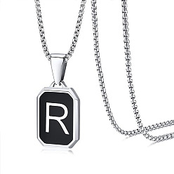Letter R 304 Прямоугольное ожерелье из нержавеющей стали с черной эмалью и подвеской в виде коробки с инициалом., цвет нержавеющей стали, Буква R, 23.62 дюйм (60 см)