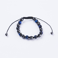 Синий Регулируемые нейлоновые шнур плетеный браслеты из бисера, с магнитным синтетическим гематитом и естественным тигровым глазом круглые бусины, синие, 2 дюйм (50 мм)