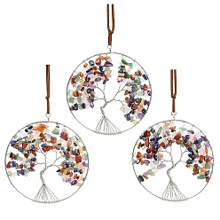 Платина Подвесные украшения из латуни и натуральных драгоценных камней чакры, плоский круглый с подвесными украшениями в виде дерева жизни, платина, 380~400 мм