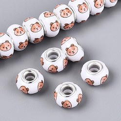 Медведь Непрозрачная смола европейский бисер, RONDELLE большие шарики отверстия, с латунными сердечниками с серебряным покрытием, темный лосось, медведь, 13.5~14x9 мм, отверстие : 5 мм