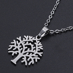 Stainless Steel Color Non-Tarnish 201 Stainless Steel Pendant Necklaces, with Cable Chains and Lobster Claw Clasps, Tree, Stainless Steel Color, 17.7 inch(45cm), 1.5mm