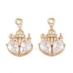 Clair Pendentifs en laiton zircon cubique pavé, château avec des charmes en forme de cœur, plaqué longue durée, or, clair, 19x12.5x4mm, Trou: 1.8mm