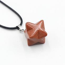 Камень с Пылевым Золотом Синтетический авантюрин, подвеска в виде звезды, ожерелье из черного искусственного кожаного шнура, со сплавочной фурнитурой, платина, 19.69 дюйм (50 см)