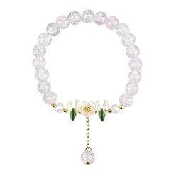 Сливовый Стеклянной бусины шарм браслеты, Браслеты из искусственного жемчуга из стекла и АБС-пластика для женщин, цветок, слива, 7-1/4 дюйм (18.5 см)