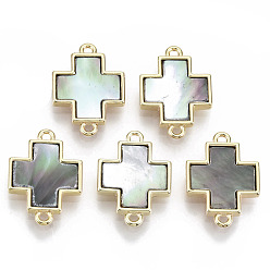 черная губная раковина Соединители латунные звенья, с черной оболочкой губ, без никеля , реальный 18 k позолоченный, крестик, 18x12.5x2.5 мм, отверстие : 1.2 мм