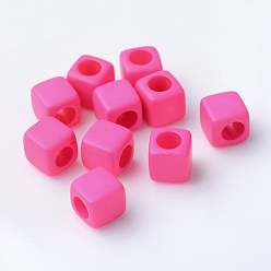 Deep Pink Solid Color Acrylic European Beads, Cube Large Hole Beads, Deep Pink, 7x7x7mm, Hole: 4mm, about 1900pcs/500g