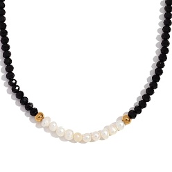 Черный Модное женское ожерелье с жемчугом в европейском стиле, ручная работа, нержавеющая сталь, пресноводный жемчуг, хрусталь с глубокой огранкой