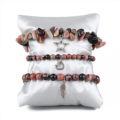 Родонит Естественно Родонит стрейч браслеты, для женщин, амулет звезда, луна и крылья, периметр: 7-1/2 дюйм (19 см), 3 шт / комплект