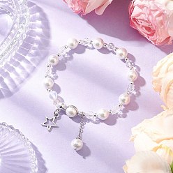 Звезда Браслеты из ракушечного жемчуга и стеклянных круглых бусин, браслеты из сплава для женщин, звезда и луна, с бусинами из синтетического лунного камня и гематита, звезда, внутренний диаметр: 2-1/4 дюйм (5.85 см), бусина : 3.5~8.5x2.5~8 mm, круглый : 31x8.5 мм, звезды: 14.5x12x1.5 mm