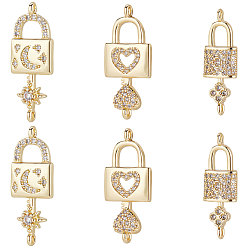 Настоящее золото 18K 6шт 3 стили латунь микро паве прозрачный кубический цирконий подвески-соединители, долговечный, замок с ключом, луной и звездой, реальный 18 k позолоченный, 24~28x8~12x2.5~4 мм, отверстие : 1.2~1.4 мм, 2 шт / стиль