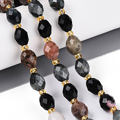 Смешанные камни Нити из натуральных бусин родонита, орлиного глаза и обсидиана, рис, граненые, с бисером и картоном, 7.5~9x6~7 мм, отверстие : 0.9~1.2 мм, около 18~19 шт / нитка, 7.09~7.68 дюйм (18~19.5 см), 1 прядь / комплект