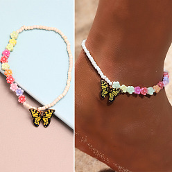 Белый Браслеты на ногу из сплава с подвеской в виде бабочки, стеклянные бусины, эластичные, для пляжной вечеринки, золотые, белые, 9-1/8 дюйм (230 мм)