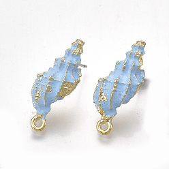 Light Blue Spray Painted Alloy Stud Earring Findings, with Steel Pins, with Loop, Conch, Light Gold, Light Blue, 24~24.5x10mm, Hole: 1.6mm, Pin: 0.7mm