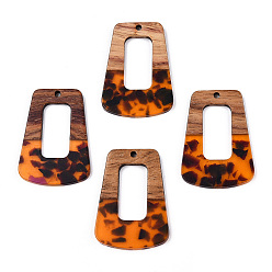 Coral Transparent Resin & Walnut Wood Pendants, Trapezoid Charm, Coral, 37.5x27x3mm, Hole: 2mm