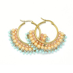 Персиковый Слойка Серьги из 304 нержавеющей стали, серьги-кольца с бусинами, со стеклянными бусинами, вентилятор, золотые, розовые, 40.5~42x48~48.5x4 мм