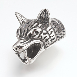 Античное Серебро 316 концы хирургического шнура из нержавеющей стали, Торцевые крышки, для изготовления кожаных браслетов, голова волка, античное серебро, 27x17x18 мм, отверстие : 8 мм