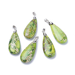 Светло-зеленый Натуральный регалит / имперская яшма / морские отложения яшмовые подвески, окрашенные, с латунной фурнитурой платинового цвета, слеза, светло-зеленый, 35~35.5x15~15.5x6.5~7.2 мм, отверстие : 4x4.2 мм