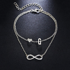 Letter G Браслеты на лодыжку из сплава с подвеской в виде сердца-бесконечности и инициалом, двухслойные, женские., платина, Буква G, 7-1/2 дюйм (190 мм)