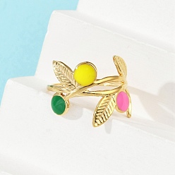 Разноцветный 304 регулируемые манжетные кольца из нержавеющей стали, с эмалью, лист, реальный 18 k позолоченный, красочный, 17 мм, внутренний диаметр: регулируемый