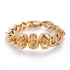 Golden Ion Plating(IP) 304 Stainless Steel Link Bracelets, with Lobster Claw Clasps, Skull, Golden, 8-5/8 inch(22cm), 14x5mm