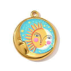 Разноцветный Печатные 304 подвески из нержавеющей стали, плоский круглый с подвесками в виде солнца, зеркальная полировка, ионное покрытие (ip), реальный 18 k позолоченный, красочный, 23x20 мм