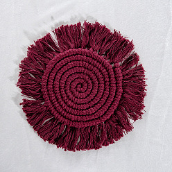 Cerise Cotton Macrame Cup Mats, Handmade Braided Tassel Coaster, Round, Cerise, 180mm