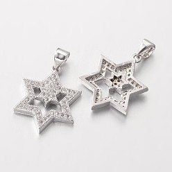 Платина Звезда Давида латуни микро проложить кубического циркония подвески, для евреев, без свинца и без никеля , платина, 20x18x3 мм, отверстие : 3x4 мм