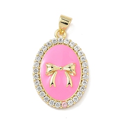 Pink Латунные микропроволочные кубические циркониевые подвески из эмали, овал с бантом, без свинца и без кадмия, долговечный, реальный 18 k позолоченный, стойки покрытие, розовые, 25x17x4.5 мм, отверстие : 3.8x3.4 мм