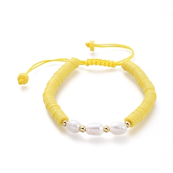 Yellow Adjustable Nylon Thread Braided Bead Bracelets, with Natural Cultured Freshwater Pearls and Handmade Polymer Clay Beads, Brass Beads, Golden, Yellow, 5.6~9.3cm