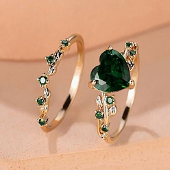 Темно-Зеленый Кольца из сплава в форме сердца для женщин, с кубического циркония, темно-зеленый, размер США 7 (17.3 мм), 2 шт / комплект