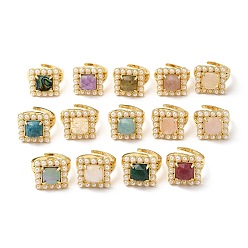 Mixed Stone Ion Plating(IP) Natural Mixed Gemstone Square Adjustable Ring with Plastic Pearl Beaded, Real 14K Gold Plated Brass Jewelry, Inner Diameter: 17~18.5mm