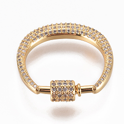 Golden Brass Micro Pave Cubic Zirconia Screw Carabiner Lock Charms, for Necklaces Making, Oval, Clear, Golden, 22~24x25x2~5.5mm