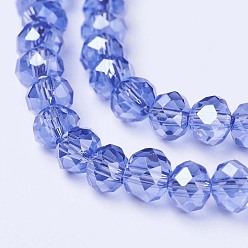 Royal Blue Electroplate Glass Beads Strands, Pearl Luster Plated, Faceted, Rondelle, Royal Blue, 10x8mm, Hole: 1mm, about 65~66pcs/strand, 20.8~21.2 inch(53~54cm)