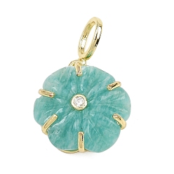 Амазонит Резные подвески из натурального амазонита, подвески-цветы с латунными подвесками-паве из прозрачных кубических цирконий, золотые, стойки покрытие, 18.5x16.5x7 мм, отверстие : 6x4 мм