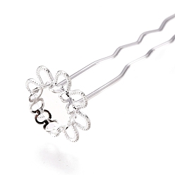 Silver Iron Hair Fork Findings, Flower Pins, with Brass Tray Settings, Silver Color Plated, Tray: 10mm, 76x17mm