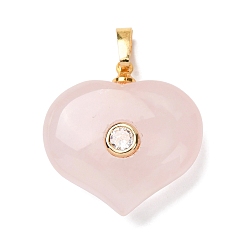 Розовый Кварц Природного розового кварца подвески, подвески в форме сердца с латунной микрофиброй и фианитами, золотые, 25.5x25x9 мм, отверстие : 6.5x4 мм