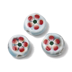 Bleu Cadet Perles plates rondes en porcelaine à motif floral faites à la main, Perles en céramique vintage à motif de fleur rouge à cinq pétales, bleu cadet, 11~12x7mm