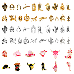 Mixed Shapes 52 шт. подвески из сплава с эмалью и легким золотым покрытием в стиле ковбойского запада, кот собака корова сапоги шляпа подвески, разнообразные, 13~35x9~34x1~6 мм, отверстие : 1.5~3 мм
