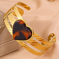 Сердце Браслеты-манжеты из нержавеющей стали и акрила с леопардовым принтом для женщин, золотые, сердце, внутренний диаметр: 304 дюйм (2.36 см)