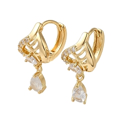 Light Gold Brass Micro Pave Cubic Zirconia Dangle Hoop Earrings, with Glass, Light Gold, 22x11mm