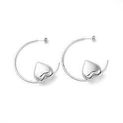 Stainless Steel Color Non-Tarnish 304 Stainless Steel Stud Earrings Hand Polished, Heart, Stainless Steel Color, 45x2mm