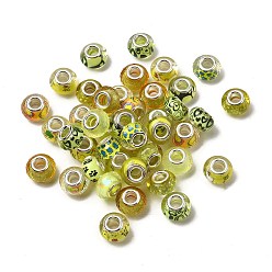 Желтый Европейские бусины из прозрачной смолы с печатью, бусины с большим отверстием, рондель с латунными сердечниками, покрытыми серебром, и блестящей пудрой, желтые, 14x8.5 мм, отверстие : 5 мм