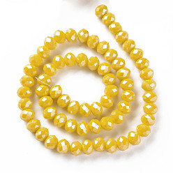Yellow Electroplate Glass Beads Strands, Pearl Luster Plated, Faceted, Rondelle, Yellow, 3.5x3mm, Hole: 0.4mm, about 123~127pcs/strand, 13.7~14.1 inch(35~36cm)